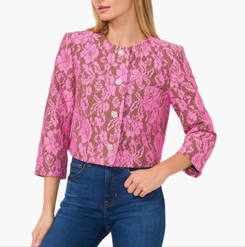 CeCe Antique Olive W/Pink Lace/ Rhinestone Button Cropped Collarless Jacket: XS - Picture 2 of 16